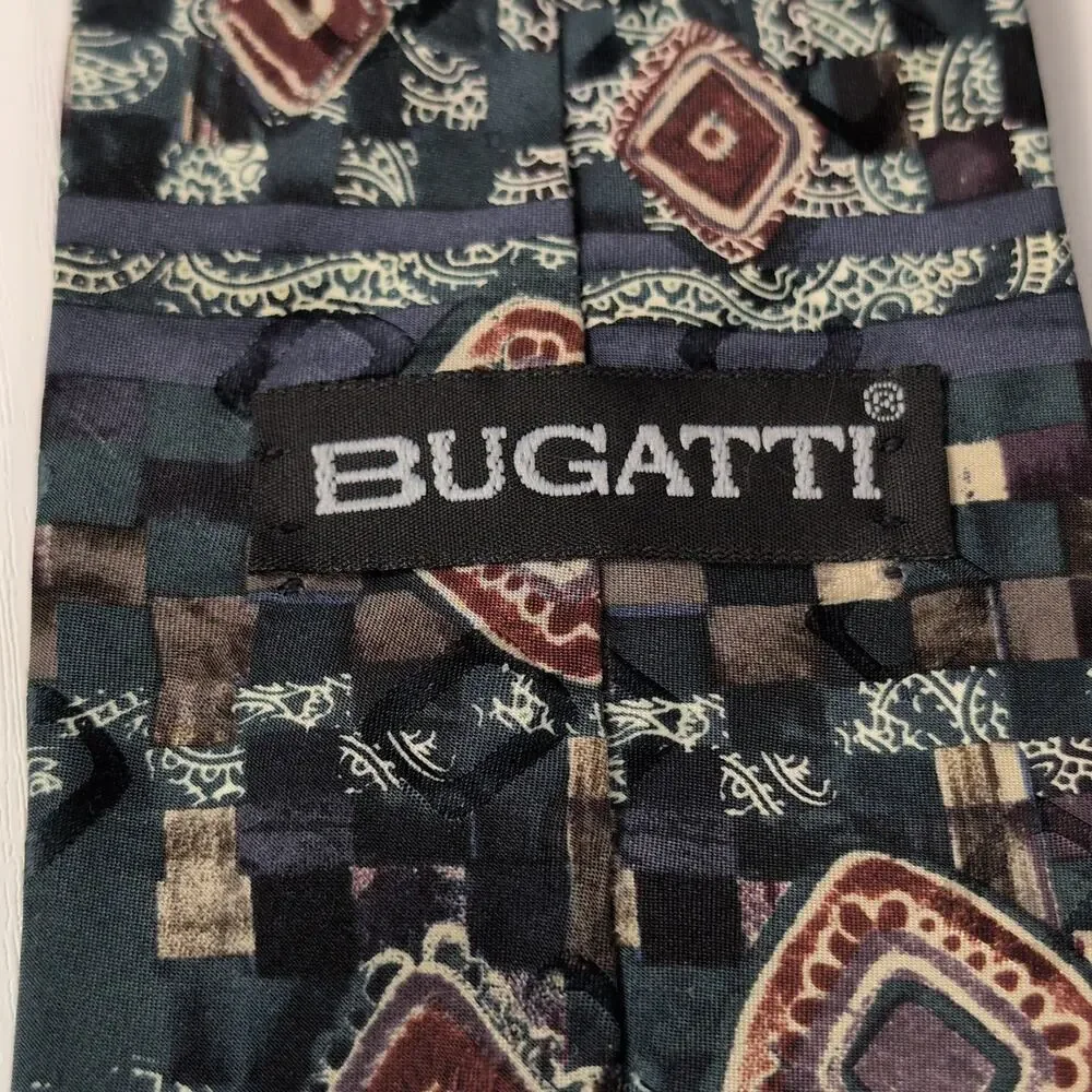 Bugatti Vintage Men’s 100% Silk Blue Geometric Diamond USA Tie – 58” x 3.75”